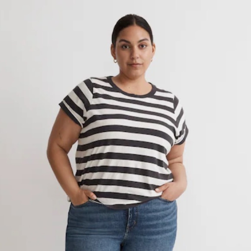 NWT Madewell Striped Black and White Plus Softfade Cotton Boxy-Crop Tee - 2X